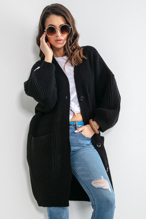 Oversized women's longer button-up wool sweater loose comfortable fit V-neckline big button closure wide dropped sleeves two