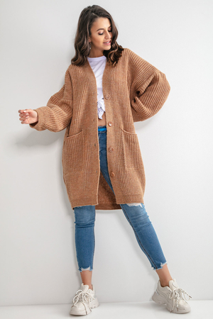 Oversized women's longer button-up wool sweater loose comfortable fit V-neckline big button closure wide dropped sleeves two