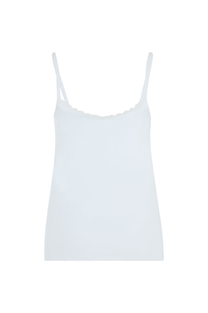 Women's tank top with sewn-in sports bra with adjustable straps English eco-brand PeopleTree with lace at neckline inside bra