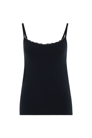 Women's tank top with sewn-in sports bra with adjustable straps English eco-brand PeopleTree with lace at neckline inside bra