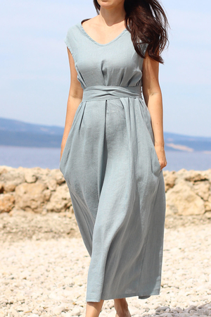 Long women's linen dress Lotika is designed and sewn in our region from quality soft linen. two-sided V-neck can be worn