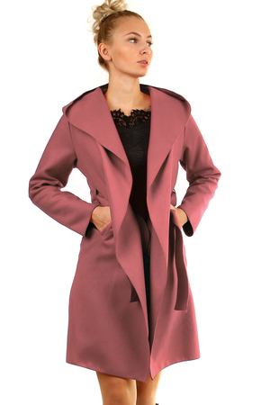 Elegant slim ladies coat without fastening (only with belt). Suitable for spring / autumn. Hooded design. Material: 80%