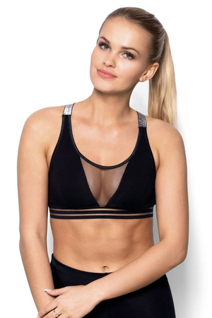 Modern sports bra with mesh sewn-in soft cups mesh on the front and around the perimeter deeper V-neckline covered with mesh