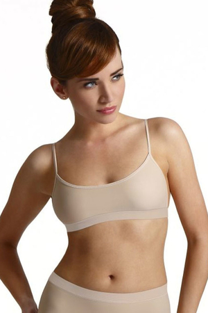 Women's or girls' plain bra simple lambada cut without underwire and cups circumference is made of elastic narrow elastic