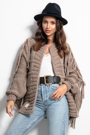 Short knitted cardigan with wool and alpaca original look distinctive fringe on the sleeve warm and soft soft knitted pattern