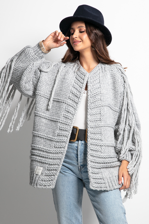 Short knitted cardigan with wool and alpaca original look distinctive fringe on the sleeve warm and soft soft knitted pattern