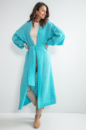 Very feminine long knitted cardigan with wool maxi length wide collar balloon sleeves finished cuffed soft and comfortable