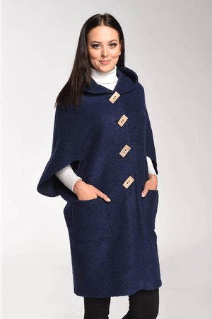 An eye-catching detachable wool hooded poncho monochrome 100% sheep wool sustainable fashion excellent natural properties