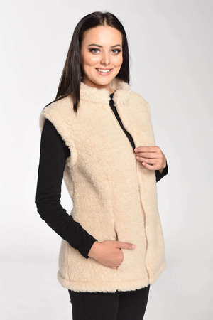 Women's vest made of 100% merino wool natural material mildly fitted cut stand-up collar pockets on the front zipper closure