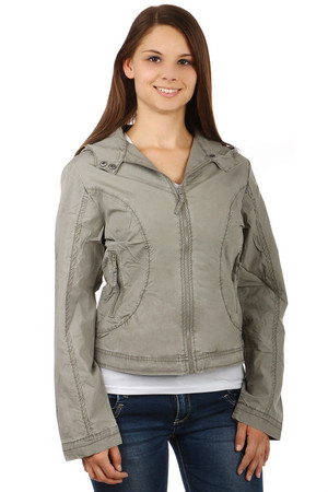 Comfortable women's loose-fitting hooded jacket that allows patents to be fastened to the neck. Zipped front pockets. Partial