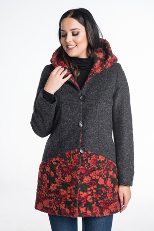 Wool coat with red flowers 100% boiled wool button fastening with pockets with hood with lining Material : 100% wool + lining