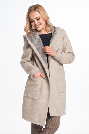 Women's 100% wool cardigan from Runo Styl's collection hooded long sleeves stitched pockets no fastening contrast inside