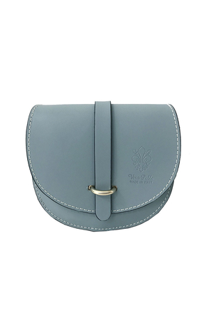 Semicircular small leather handbag. can be worn over the shoulder or as a crossbody hung on a chain chain in gold color,