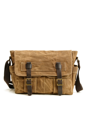 Waxed canvas bag cowhide leather elements adjustable shoulder strap top flap with two patches main zipped pocket unisex