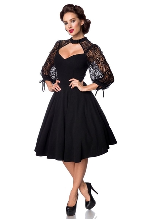 Women's monochrome black dress by Belsira deep sweetheart neckline close-fitting top circular skirt - can be completed with