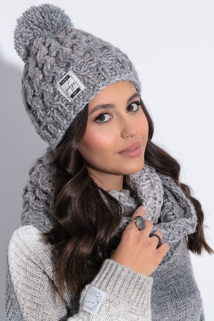 Women's winter cap and tunnel set from the Chunky Knit collection melange design roughly knitted pattern cap with pompom wide