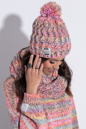 Women's winter cap and tunnel set from the Chunky Knit collection melange design roughly knitted pattern cap with pompom wide