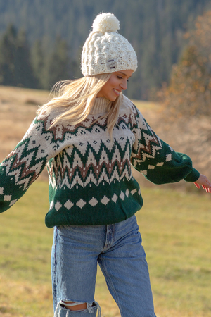 Cosy warm waist sweater Norwegian pattern with comfortable stand-up collar raglan sleeves with wider cut sleeves finished