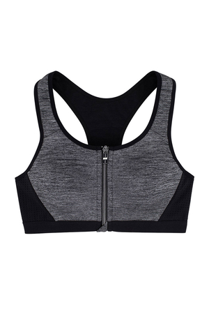 Sports bra in grey with an eye-catching zipper unfastens at the front strong straps straps joined in the middle of the back