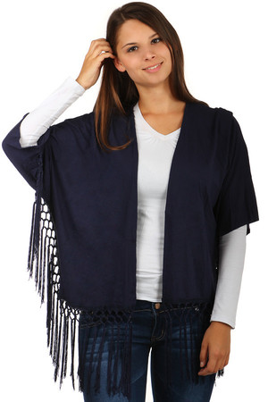 Non-traditional cardigan with 3/4 sleeves and fringes at the ends. Without fastening. Material: 95% Rayon, 5% Elastane