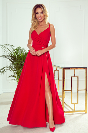 Elegant long ball gown with long A-line skirt with high slit flares as you walk stripes at side spaghetti straps zipper