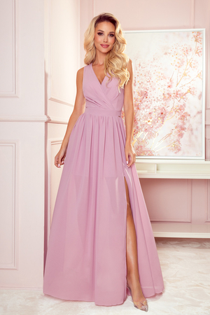 Long elegant dress monochromatic maxi length chiffon skirt with slit petticoat ends at mid-thigh wrap effect wide straps