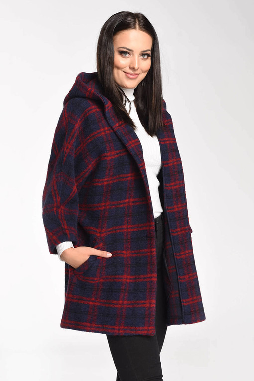 Checked wool poncho with hood