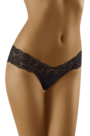 Low lace Brazilian panties monochrome sewn on atypical waistband double gusset trimmed back cotton part on front pleasant to