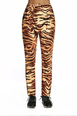 Animal print trousers from functional material classic waist lower seat loose fit lightweight fabric two deep front pockets