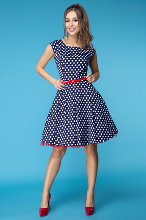 Women's A-line retro dress with large polka dots complemented with a red belt retro look for dancing, for prom for casual