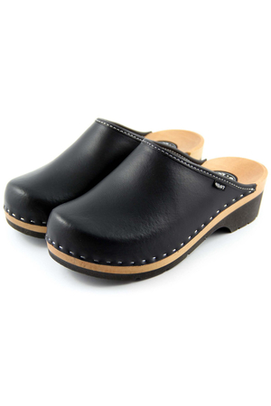 Stylish women's and men's retro clogs. Made of light poplar wood and natural laminated leather. Ideal footwear for healthy