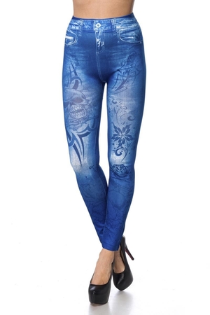 Legins in denim look with a punk and delicate floral motif in ankle length elasticated elastic waist full print pleasant,