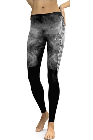 Winged leggings with wing print on sides smoke effects in ankle length soft elastic waist punk and rock style Ocultica brand