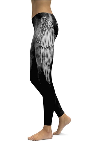 Winged leggings with wing print on sides smoke effects in ankle length soft elastic waist punk and rock style Ocultica brand