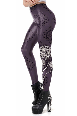 Nontraditional women's leggings elastic long comfortable on the body smooth slightly shiny black mandala pattern white flower