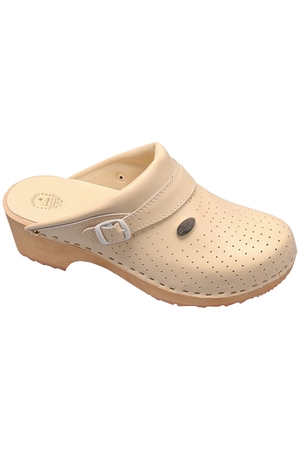Stylish medical clogs. Made of light wood and natural laminated leather. Ideal footwear for healthy walking. made of quality