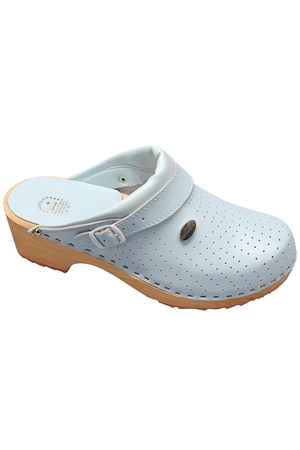Stylish medical clogs. Made of light wood and natural laminated leather. Ideal footwear for healthy walking. made of quality