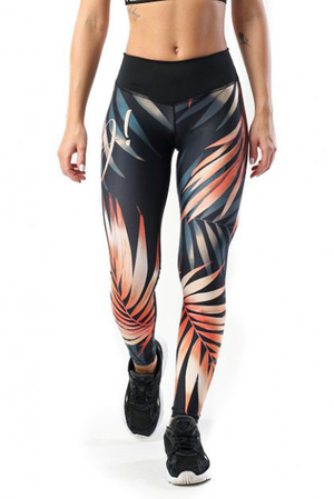 Functional leggings with high quality leaf print strong and elastic wide, double, elastic waistband flat seams functional
