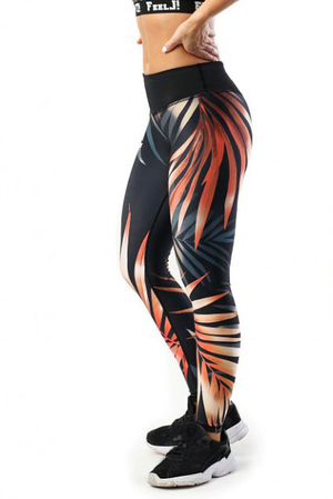 Functional leggings with high quality leaf print strong and elastic wide, double, elastic waistband flat seams functional