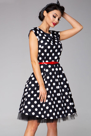 Elegant ladies dress with a cut, with folded skirt and red belt. Spotted pattern (2.5 cm dot). The dress is not a