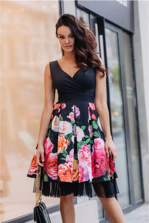 Women's elegant midi dress with rose print rose print deep V-neckline wide straps tucked tulle petticoat stretchy, solid