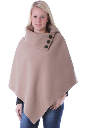 Modern women's poncho with large buttoned collar. Universal size - length 81cm. Material: 70% polyester, 30% wool Import: