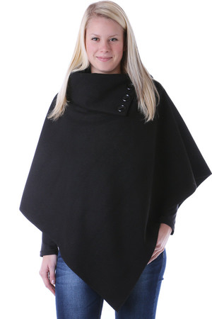 Modern women's poncho with large buttoned collar. Universal size - length 81cm. Material: 70% polyester, 30% wool Import: