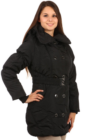 Women's long winter jacket with hood and belt. The hood can be removed as well as the edge fur on the hood. The fur is also