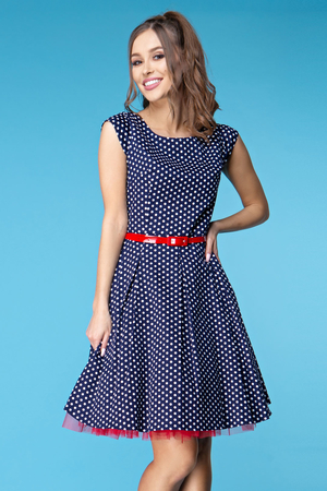 Women's cotton A-line dress with polka dots Round neck Short sleeves Folds on skirt Hidden back zipper Contrast belt