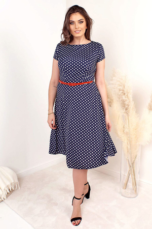 Women's short polka dot dress in retro style, with short sleeves and belt. Up to size 50 - also for plump. Material: 95%