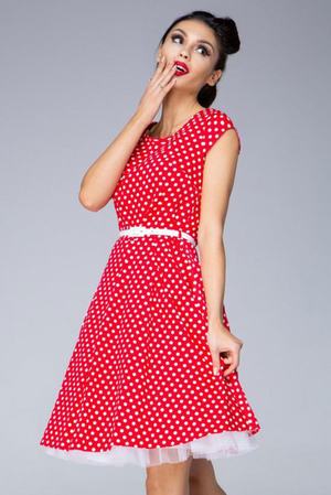 Beautiful elegant dress with polka dots and belt. Dot size 0.8 cm. Up to size 46. Suitable for plump. Material: 60 %