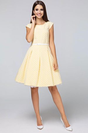Beautiful elegant dress with polka dots and belt. Dot size 0.8 cm. Up to size 46. Suitable for plump. Material: 60 %