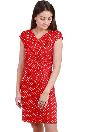 Women's dress with polka dots creates a wrap effect over the head V-neckline with sleeves attached midi-length wrap effect