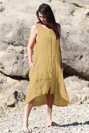 Summer women's linen dress with buttons one color design midi length sleeveless on narrow straps round neckline free